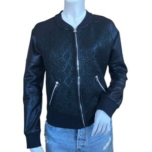Harley Davison Black Faux Leather Foiled Reptile Print Bomber Jacket Medium